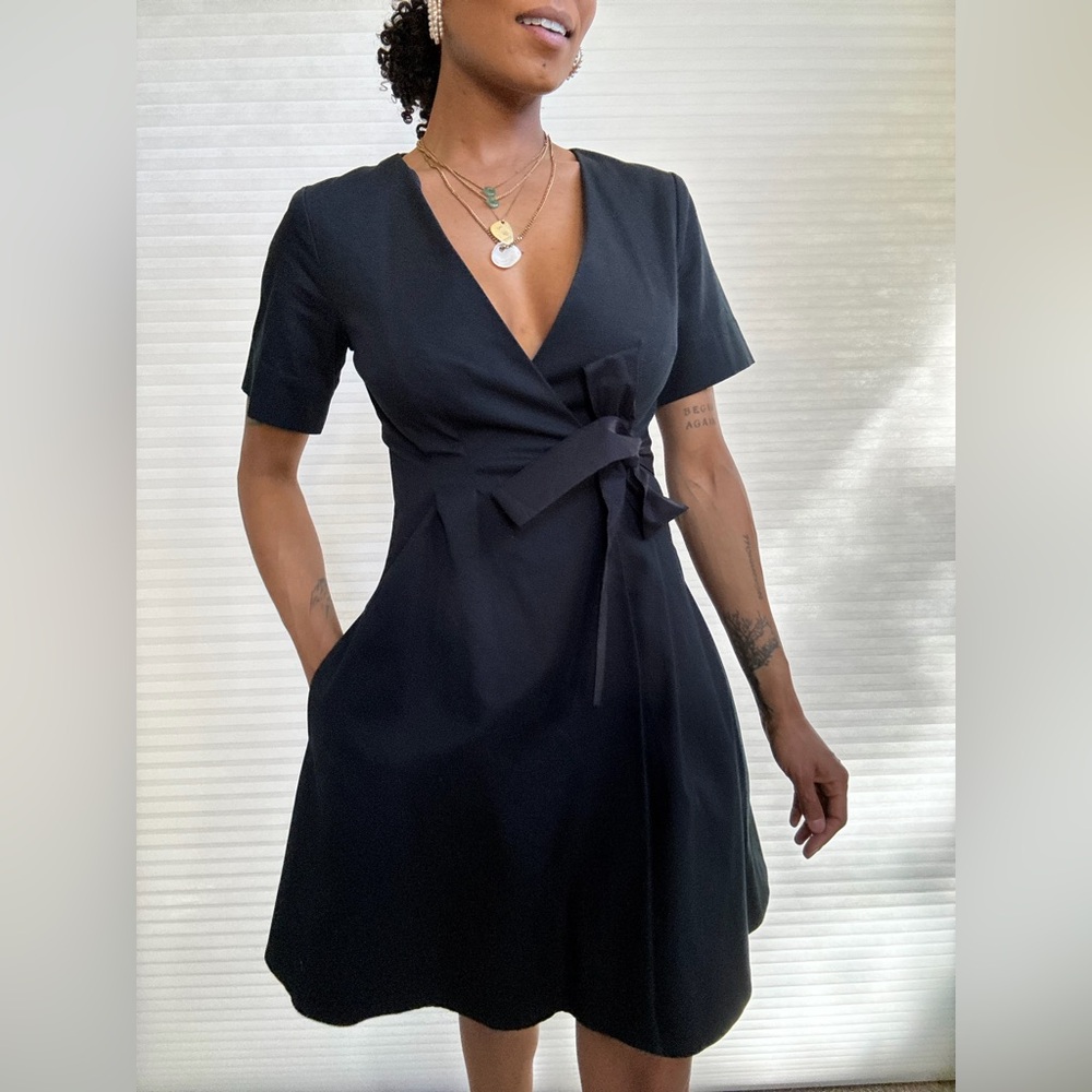 COS Navy Blue Textured Wrap Dress | Short Sleeve Minimalist A-Line - Picture 16 of 16